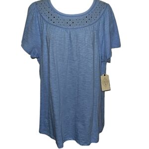 NWT St. John's Bay Cut Out Embroidered Scoop Neck Short Sleeve Top